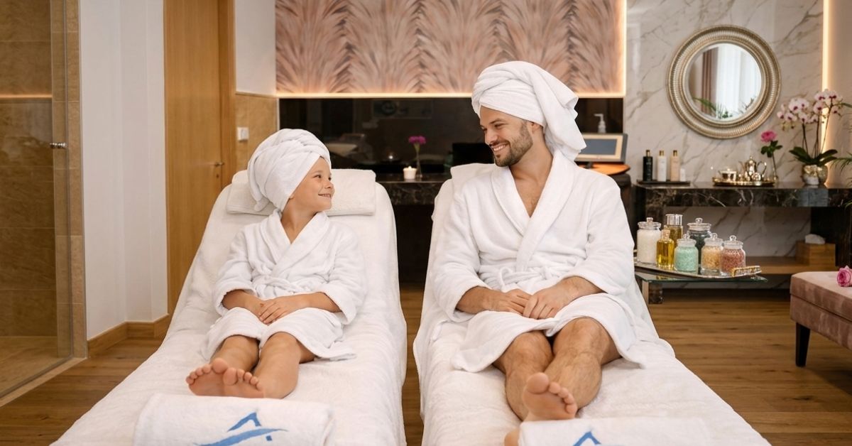 Padre e hijo disfrutando en un Spa